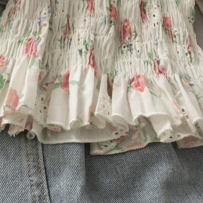 

Bow tie printed floral wood ear blouse women 2021 new sweet pleated short hollow out ruched shirt