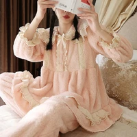 warm vintage thicken flannel womens pajamas sets elegant lace long sleeve sleepwear suits winter autumn sweet tops pyjamas