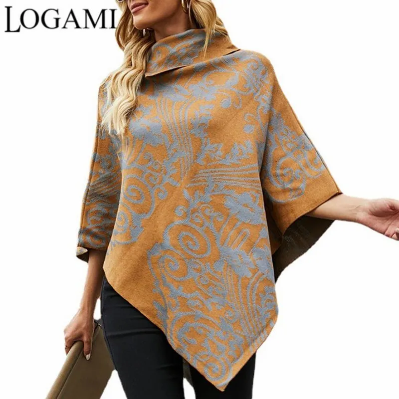 

Вязаное пончо LOGAMI, накидка с принтом, шаль, свитер, пальто для женщин, летучая мышь