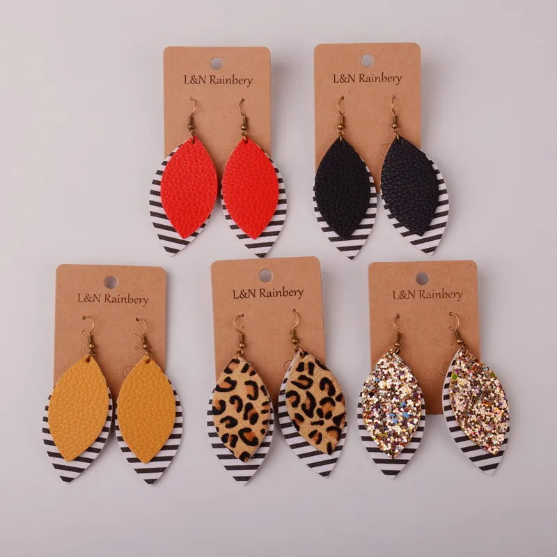 Двухслойные блестящие леопардовые серьги капельки из искусственной кожи в виде