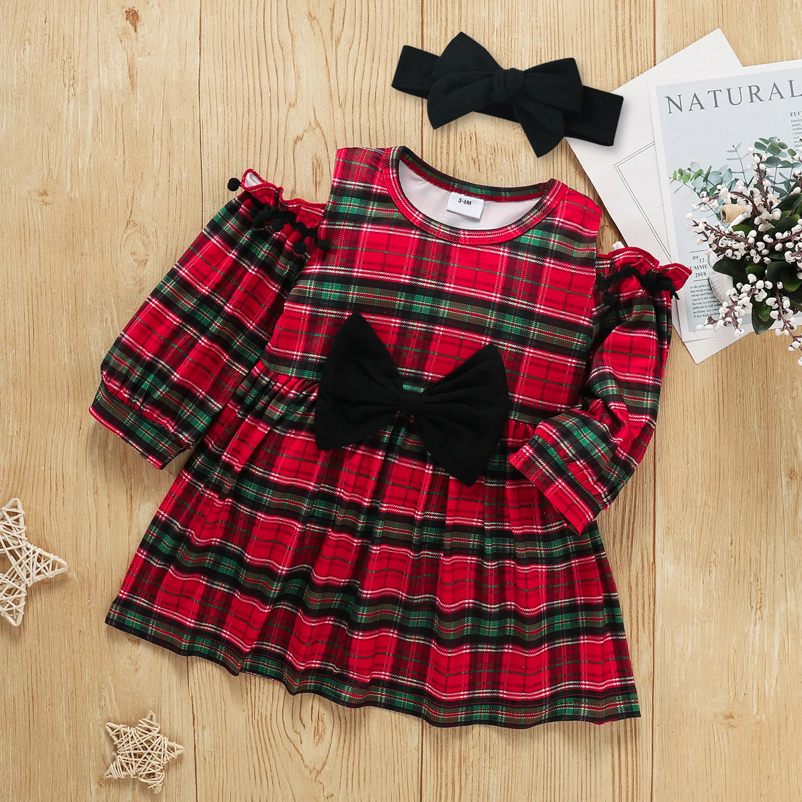 

2Pcs Baby Clothing Little Girls Casual Plaid Off Shoulder Long Sleeve Pleated Skirt Bow Headdress Toddler Spring Autumn Clothing