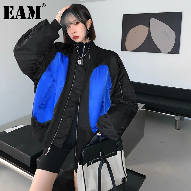 

[EAM] Blue Big Size Warm Cotton-padded Coat Long Sleeve Loose Fit Women Parkas Fashion Tide New Autumn Winter 2021 1DE3743
