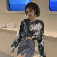 omens tie dyed sweater new spring and autumn long sleeve korean loose high waist short fashionable top pullover womens top
