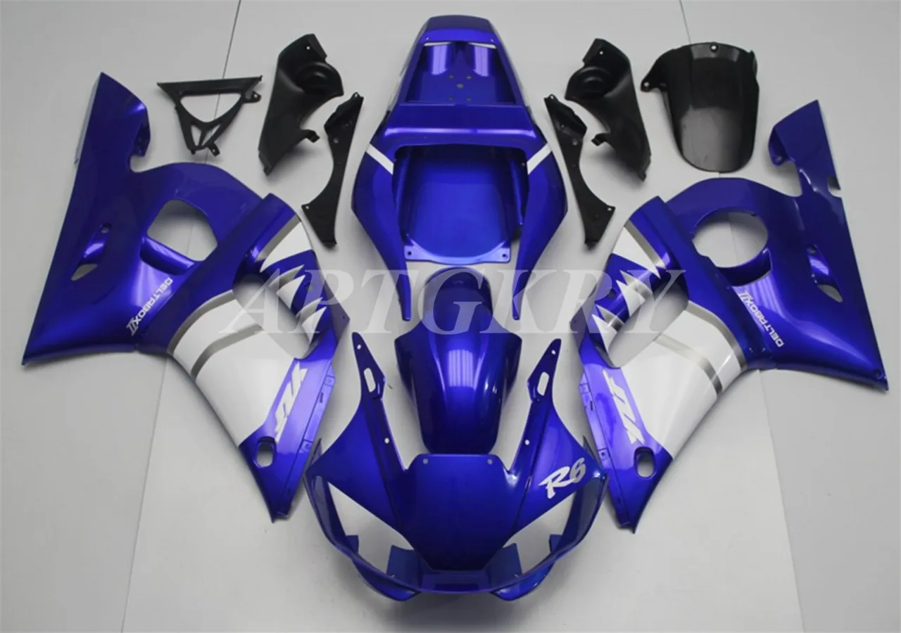 

Новый комплект обтекателей для мотоциклов из АБС-пластика, подходит для Yamaha YZF 600 R6 1998 1999 2000 2001 2002, комплект обтекателей синего и белого цвета