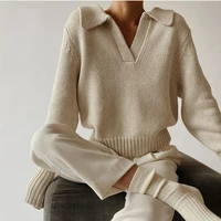 soft loose knitted sweaters 2021 women solid lapel warm knitted jumper autumn and winter all match casual basic pullovers