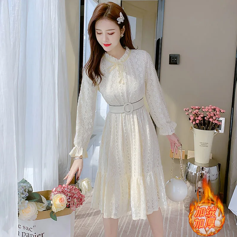

2020 autumn winter new coat skirt women's mid-length plus velvet thick lace dress A-Line Vintage Cotton Sashes