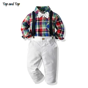 Топ и топ для маленьких мальчиков, комплект одежды для джентльмена, клетчатая рубашка с длинным рукавом, топ с бантом + комбинезоны, одежда для маленьких мальчиков