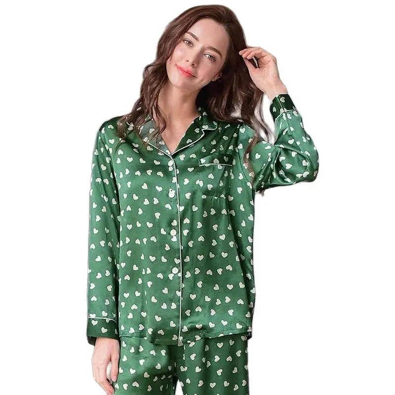 

Genuine Silk Women's Pajamas Heart-shaped Printed Long-Sleeve Pyjama Long Pants Sets 100% Silkworm Silk Sleepwear Female T8134