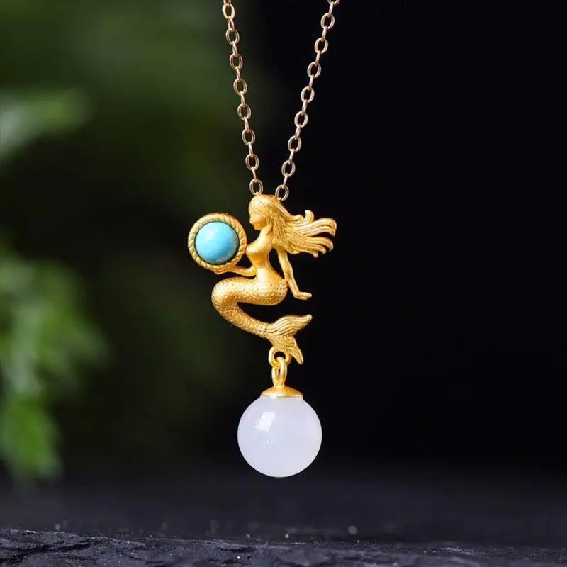 

Mermaid Necklace Female S925 Sterling Silver Fashion White Jade Gray Jade Creative Sweater Chain Pendant Natural Hetian Jade