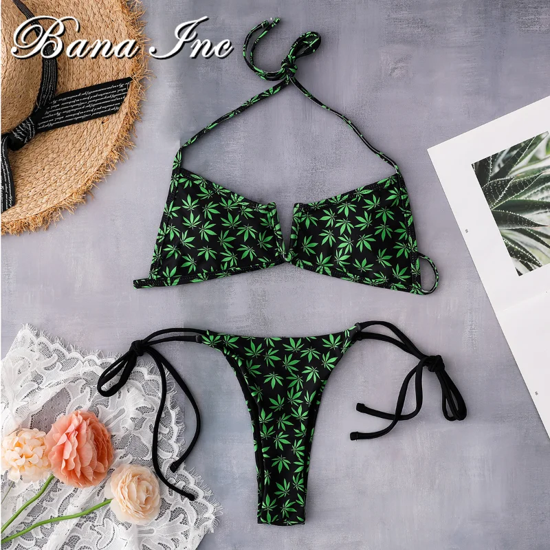 

Leaf print bikini set Halter swimsuit women High cut swimwear female V-neck 2-piece set Thong bathing suit biquini 2021