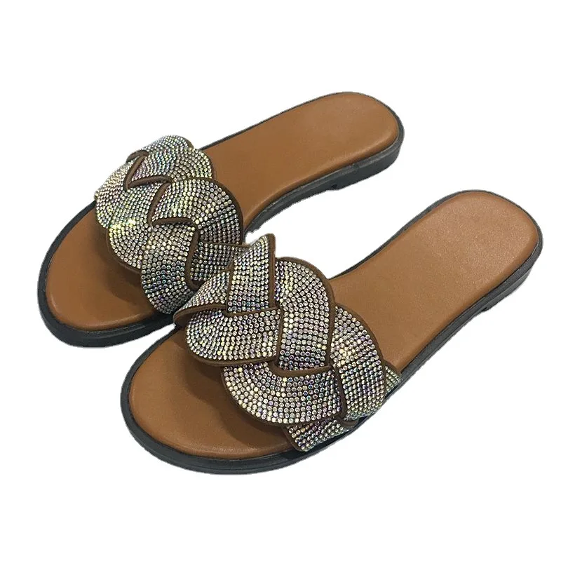 

Big Size Shoes Ladies' Slippers Glitter Slides Slipers Women Flat Jelly Soft 2021 Casual Basic Fabric Scandals Rubber PU Crystal
