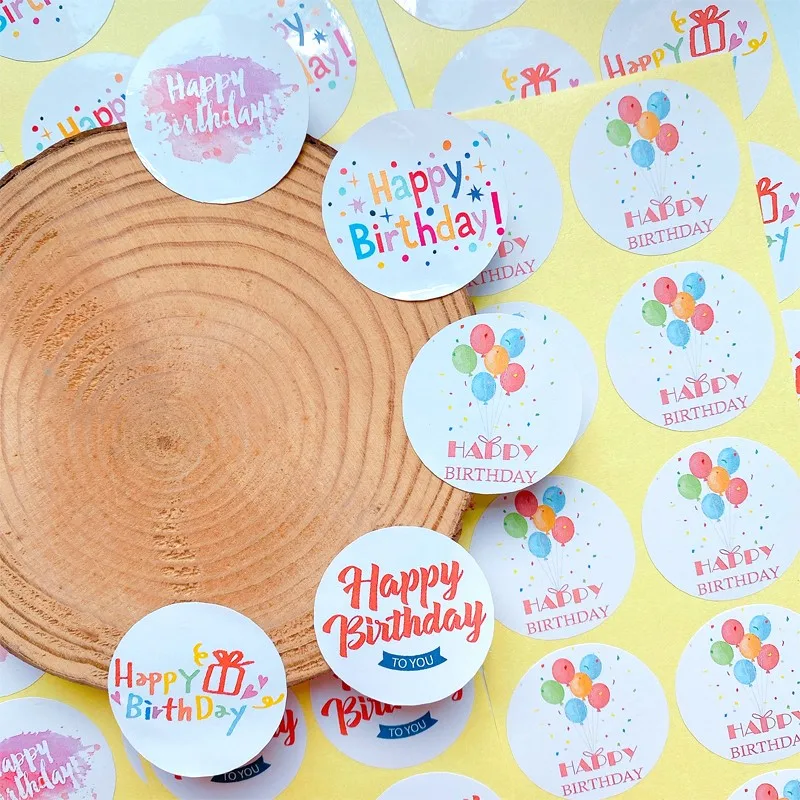 100Pcs Happy Birthday Sealing sticker Round Seal Lables Stickers white Polka dot ink painting Adhesive Handmade 35mm