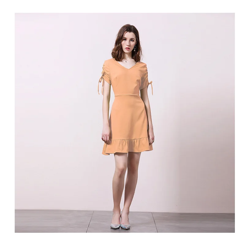 

Women Mini Dress A Line V Neck Short Sleeved Drawstring Summer Office Lady Women's Clothing 2021 Casual Elegant Ruffles