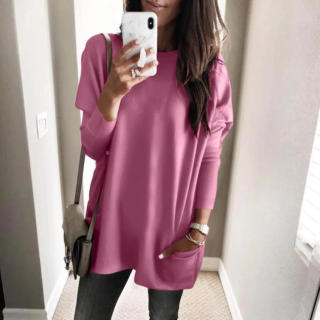 Женские блузки и топы размера плюс 5xl Однотонный свитер с карманами длинным