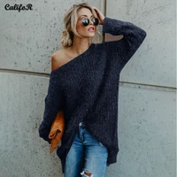 solid sexy slash neck sweaters autumn knitted women clothes casual loose long pullovers elegant womens winter oversize sweater