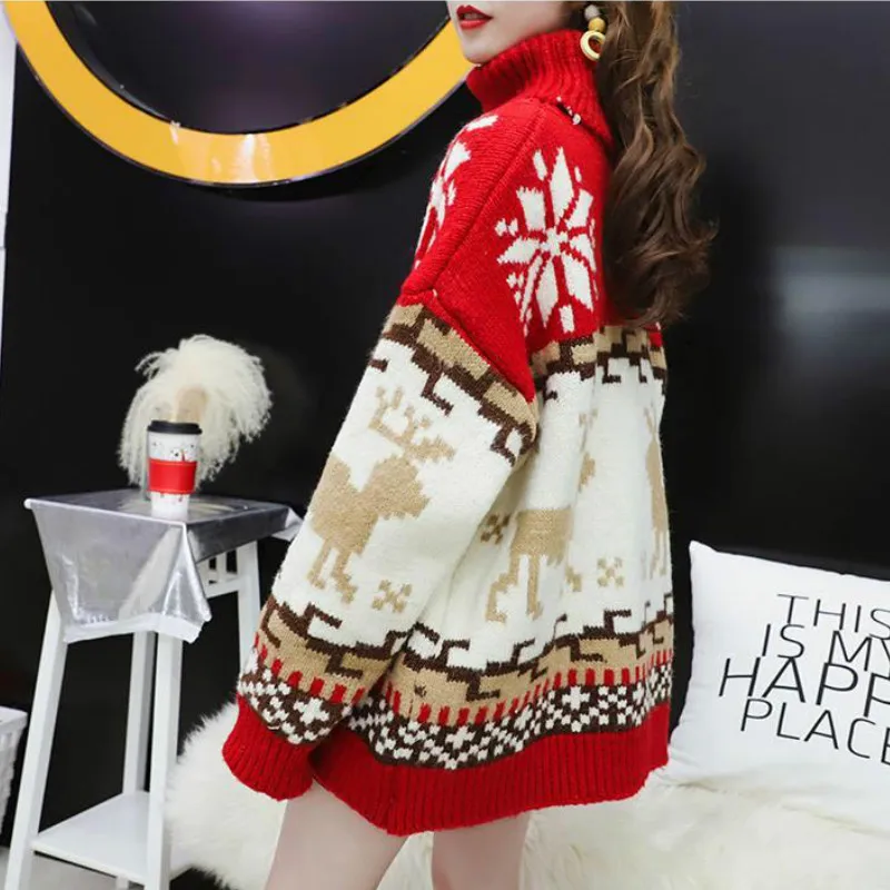 

2020 Autumn and Winter New Loose High Neck Korean Women's Sweater Blanket Christmas Snowflake Elk Lazy Style Thickening