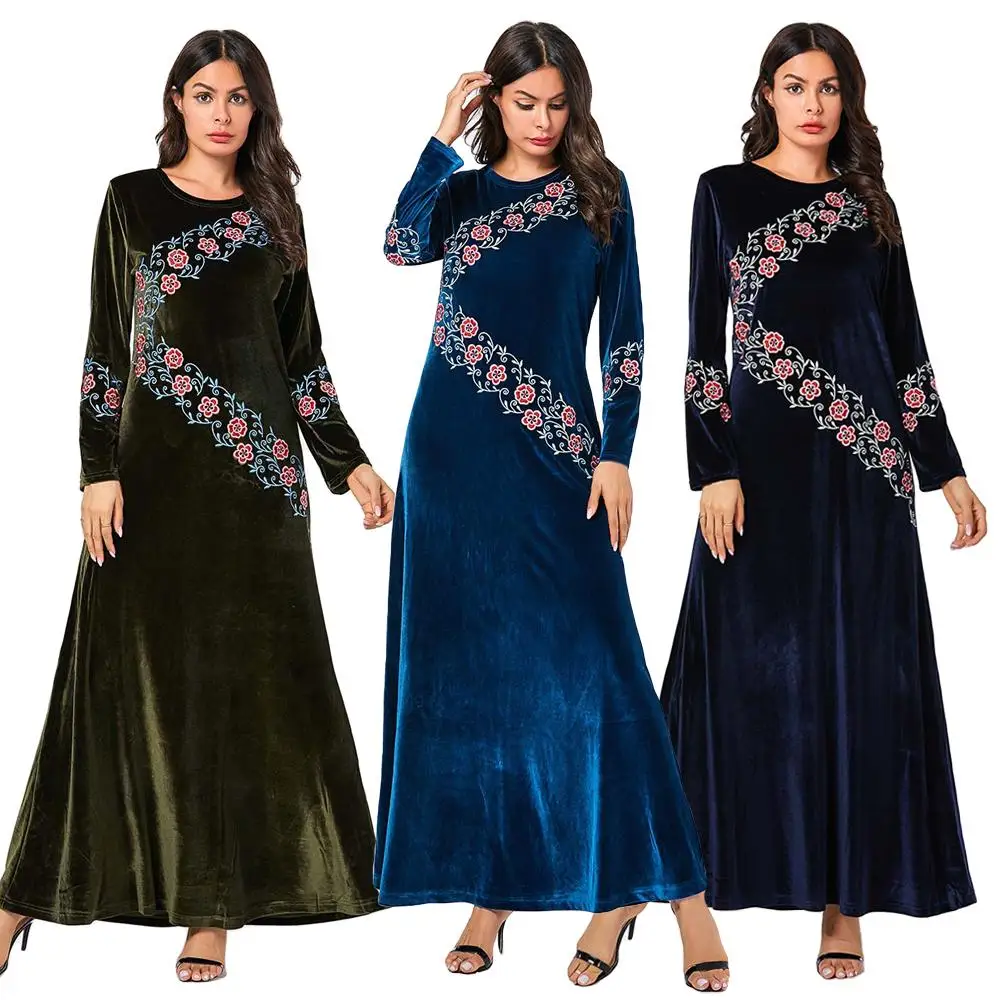 

Цветочной вышивкой Абая, для мусульман Для женщин Ночная одеждая с длинными рукавами кафтан джилбаба мусульманская одежда для Дубай Костюм...