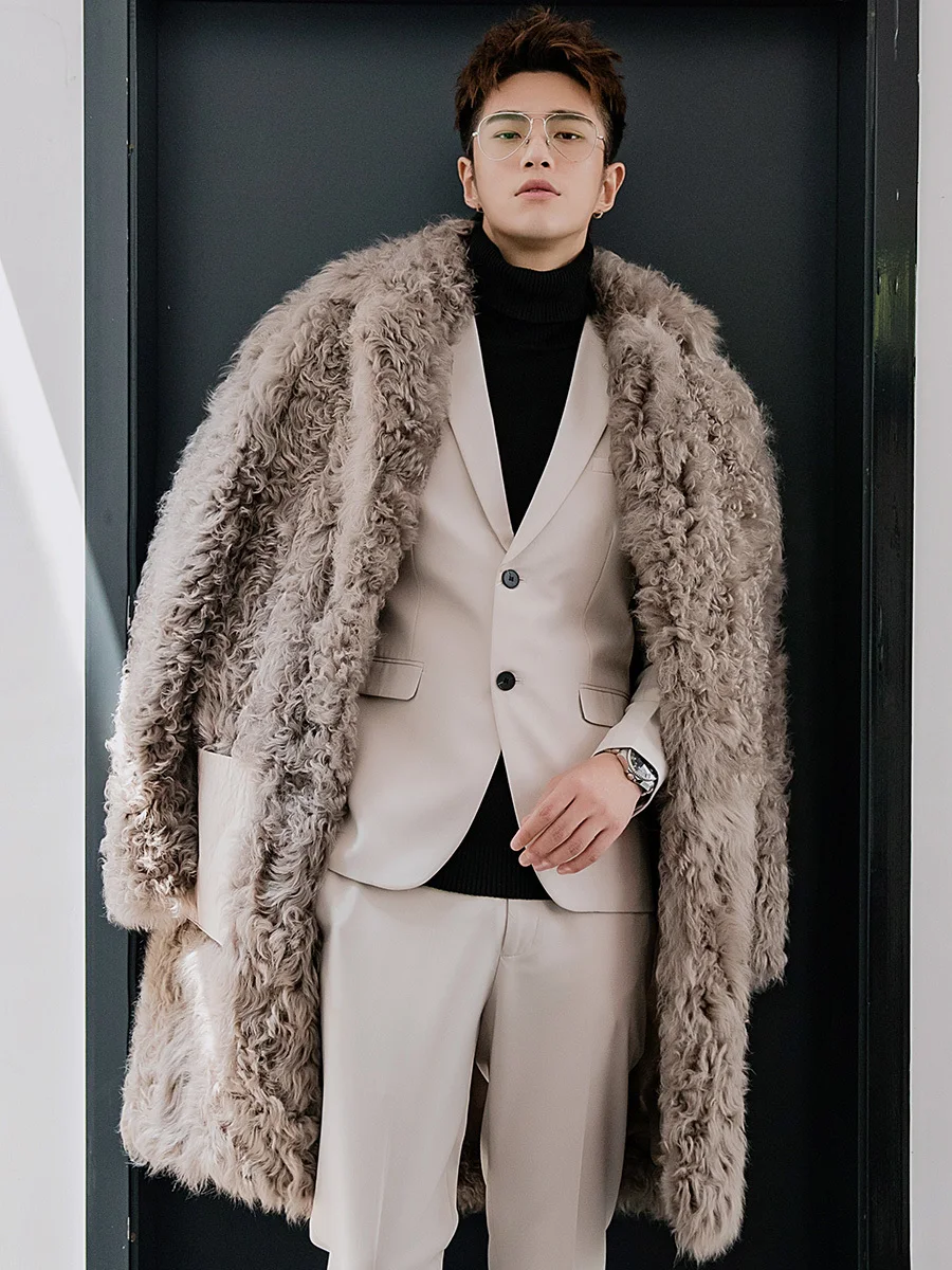 Мужская зимняя куртка из овчины Длинная шерстяная шуба и натурального меха