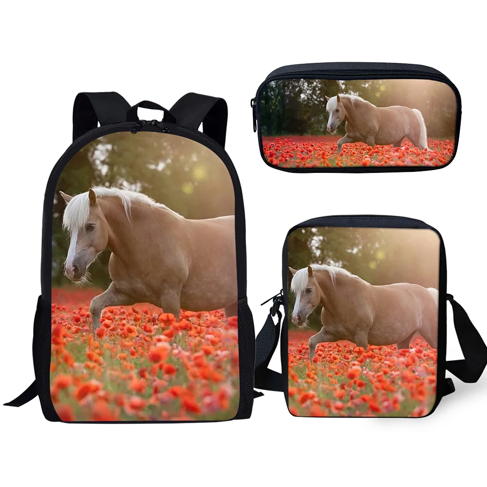 HaoYun Fashion Children's 3PCs Backpack Set Flower Horse Prints Pattern Kids School Book Bags Set Backpack/Flaps Bag/Pen Bags