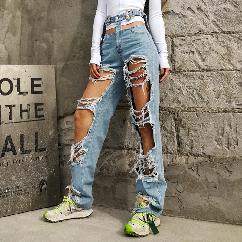 Женские джинсовые брюки TWOTWINSTYLE Асимметричные Длинные прямые с высокой талией 2020