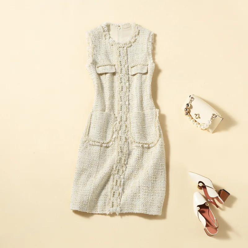 

Beige Tank Dress Woman 2021 Autumn Winter New Beading Round Neck Sleeveless Solid Color Pocket Slim A-Line Celebrity Lady Dress