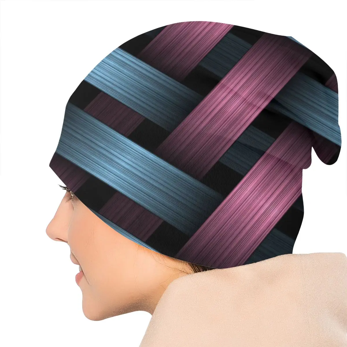 

Purple-pink Stripes Overlap Pattern Unisex Bonnet Winter Warm Hiking Hats Double Layer Thin Hat Breathable Caps
