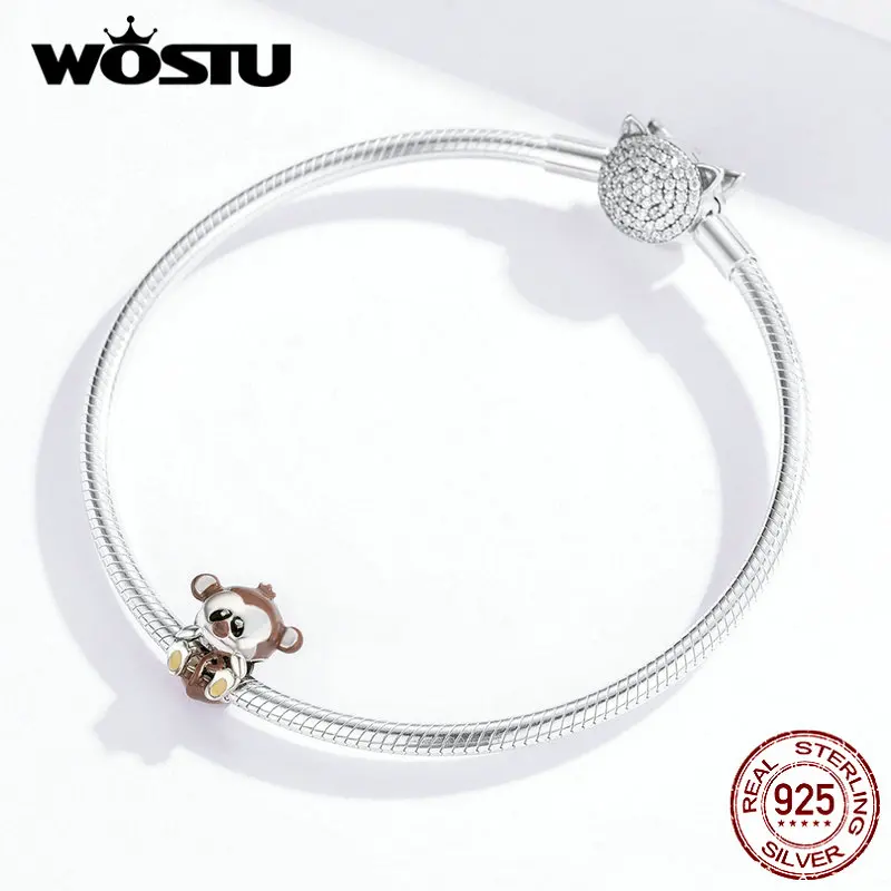 WOSTU настоящий 925 пробы Серебряный озорной обезьяны животных Бусины коричневый талисманы подходят браслет ожерелье для женщин ювелирные изделия FNC125