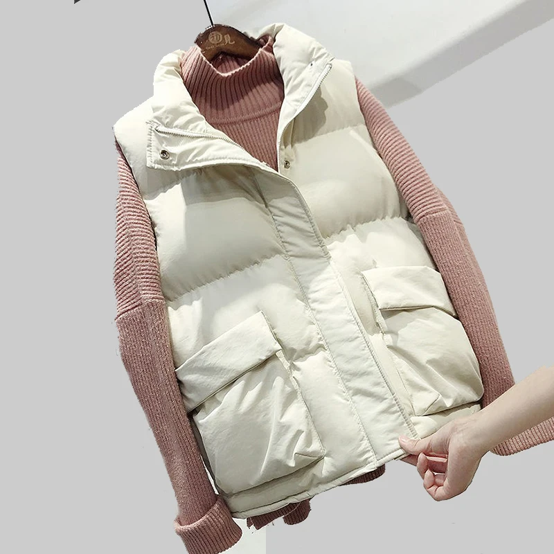 

Cotton Winter Warm Vest Jacket Women Sleeveless Vests New Zipper Pocket Stand-up Collar Cotton Waistcoat Gilet Female
