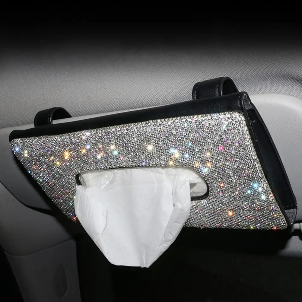 

Visor Tissue Holder Personalized Shiny Faux Leather Hanging Rhinestone Sun Visor Tissue Box for Gifts