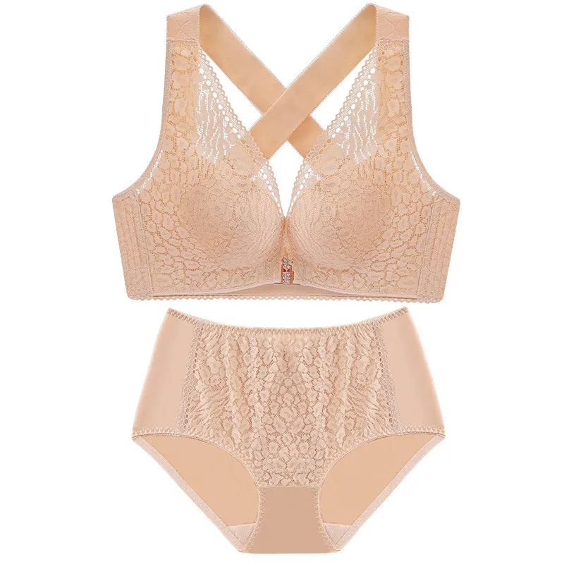 beige bra set Сексуальный кружевной комплект с бюстгальтером большого размера спереди, регулируемый бюстгальтер пуш-ап, большой бюстгальтер и трусики, комплект женского нижнего белья - Цвет: beige bra set