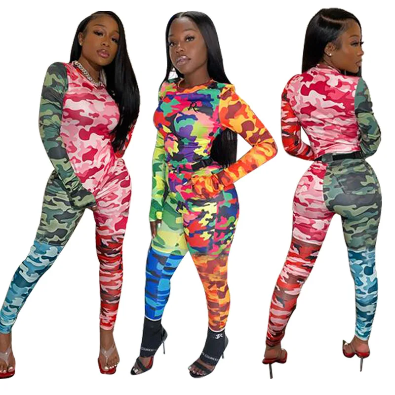 

Summer new style European and American camouflage color matching printing fashion casual sports suit women