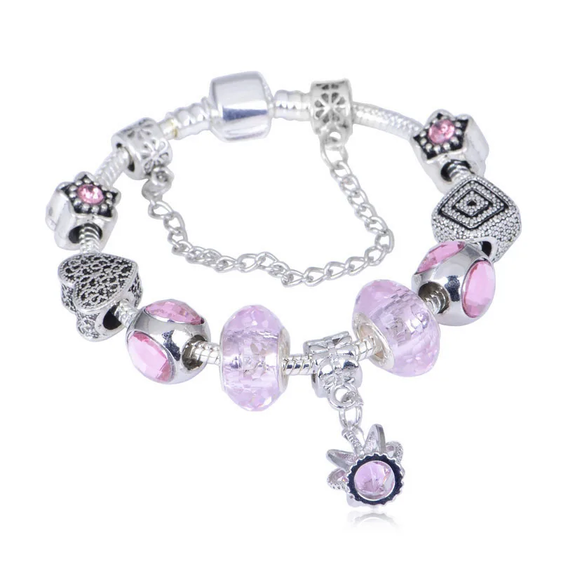 

New Purple Crystal Alloy Big Hole Bead DIY Bracelet Female panjia style Charm European Bead Silver Plated Bracelet
