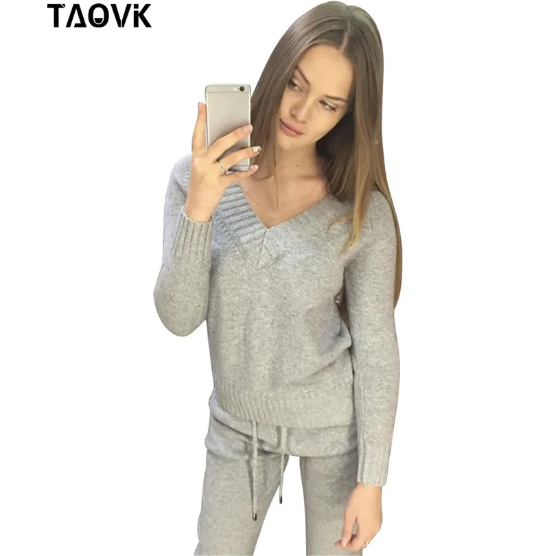 Женский Мягкий Вязаный костюм TAOVK свитер с V образным вырезом и брюки эластичным