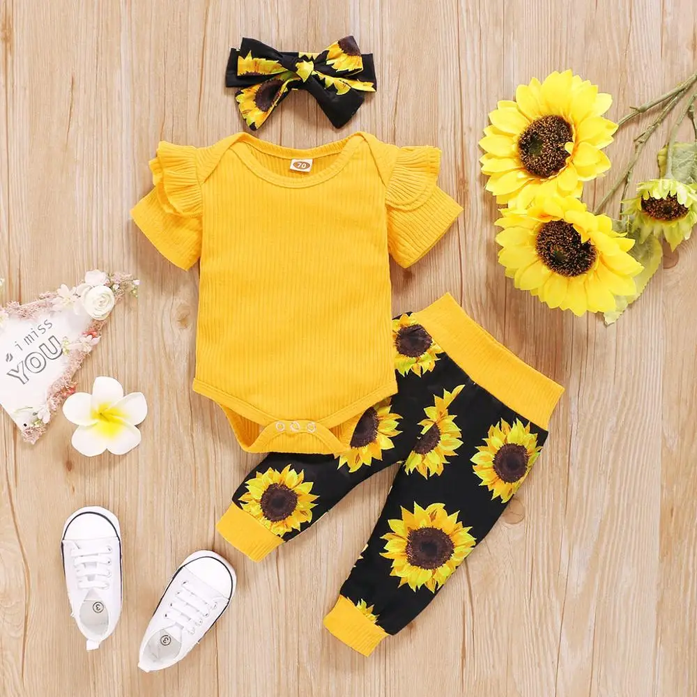 

0-18M 3Pcs Newborn Baby Girl Clothes Short Sleeve Sunfllow Floral Print Long Pants Toddler Girl Outfit New Born Clothing Girls