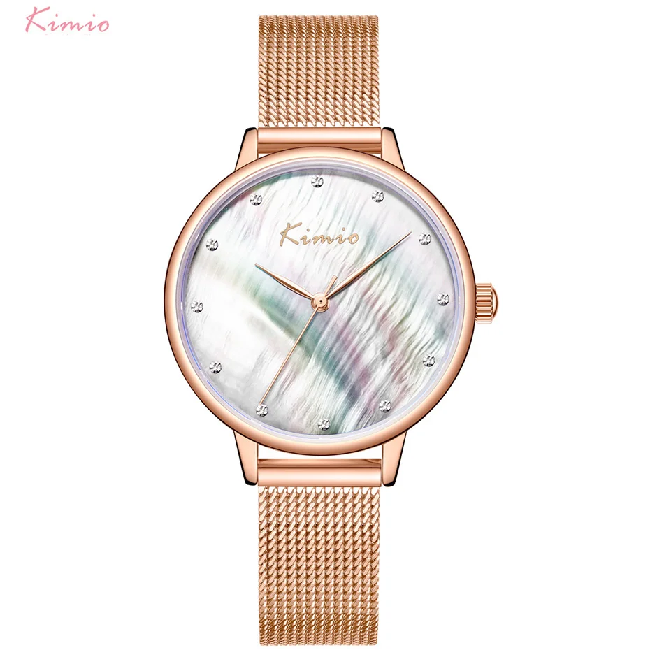 

Fashion KIMIO Brand Women Natural Shell Big Dial Watches Ladies Stainless Steel Mesh Belt Quartz Watch Waterproof Bracelet Wrist