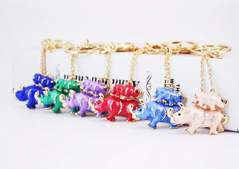 

Rhinoceros Jewelry Colorful Blue Purple Love Keychain Animal Keyring Gift For Girls Handbag Chram Cool Key Holder Wholesale
