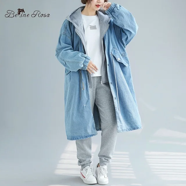 babyblue BelineRosa женские большие размеры s джинсовые пальто большой карман на молнии плюс Размер Женская одежда свободные длинные YYBW0010 - Цвет: babyblue