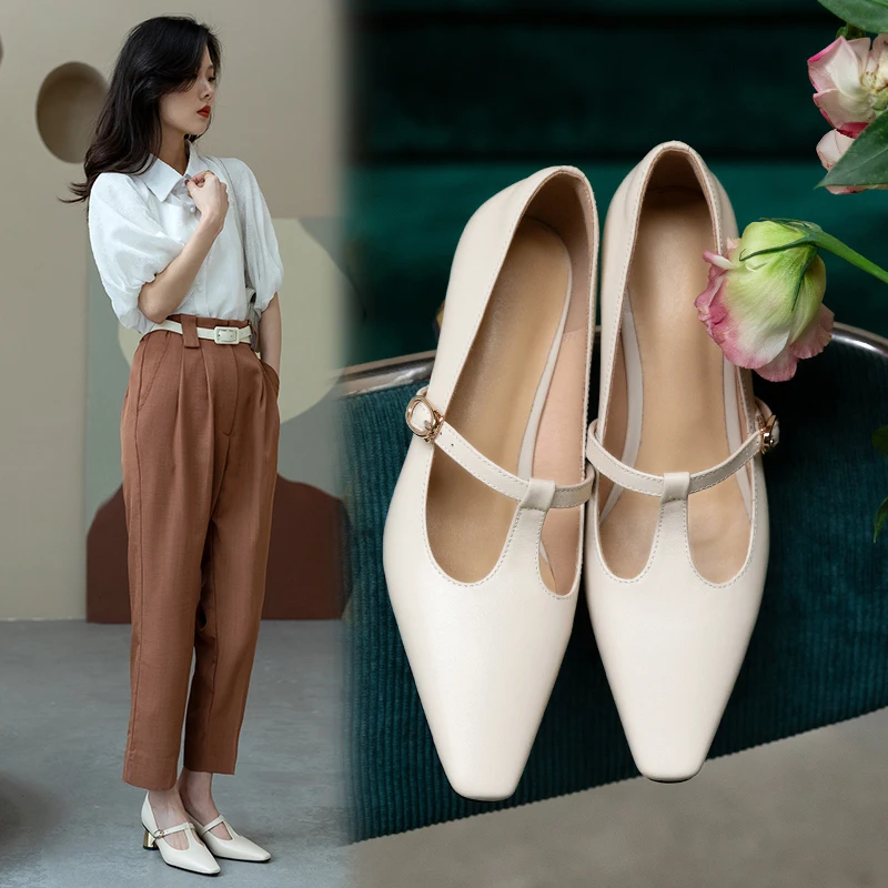 

Women Shoes Natural Leather pumps 22-24.5cm Cowhide small square head metal heel Sheepskin insole Hollow Mary Jane shoes