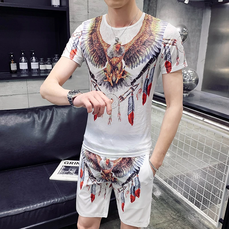 Модный летний спортивный костюм Мужская футболка с принтом орла Повседневная +