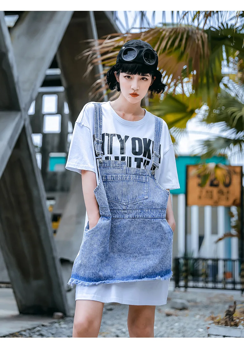 

Vefadisa Blue Denim Patchwork Women Dress 2021 Summer Letter Print Dress Fake Two Piece Short Sleeve Mini Dress Casual QYF5326