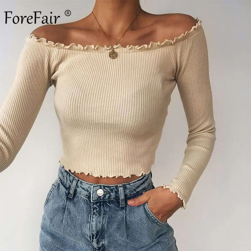 Женский укороченный топ с открытыми плечами Forefair вязаный Топ в рубчик длинным