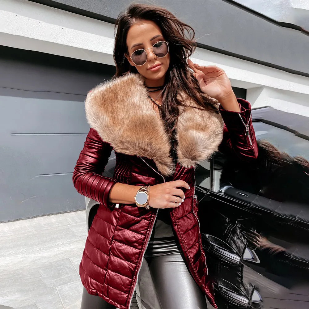 Women's Winter Faux Fur PU Leather Long Sleeve Zipper Long Jacket Fashion Street Warm Parka Jacket Oversized JacketS-5XL enlarge