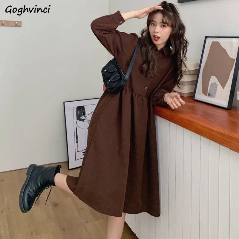 

Платье женское вельветовое однотонное, с длинным рукавом и высокой талией