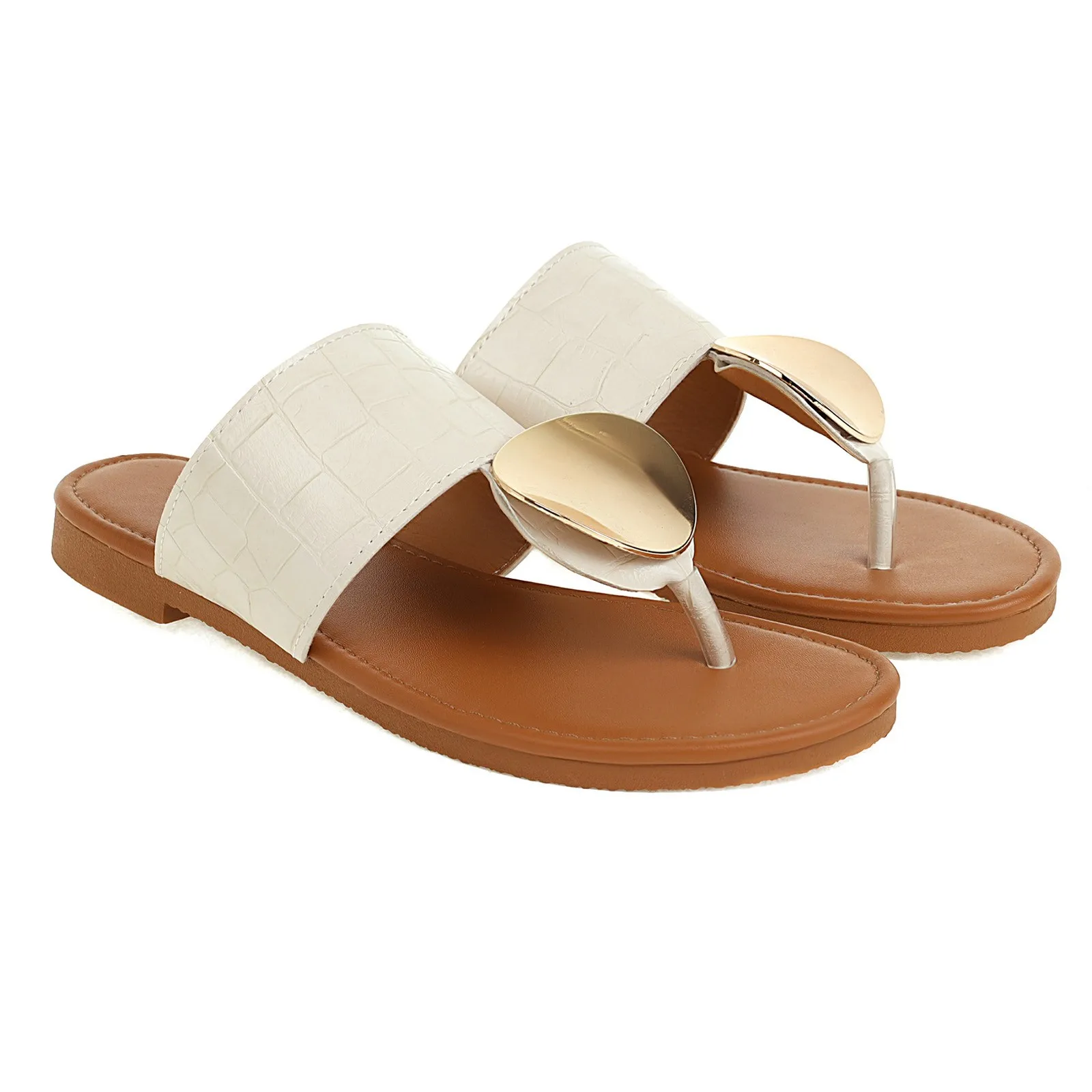 

Ladies Sandals And Slippers Summer Outdoor Flip Flops Flat Comfortable Solid Metal Decorative Sandals For Women