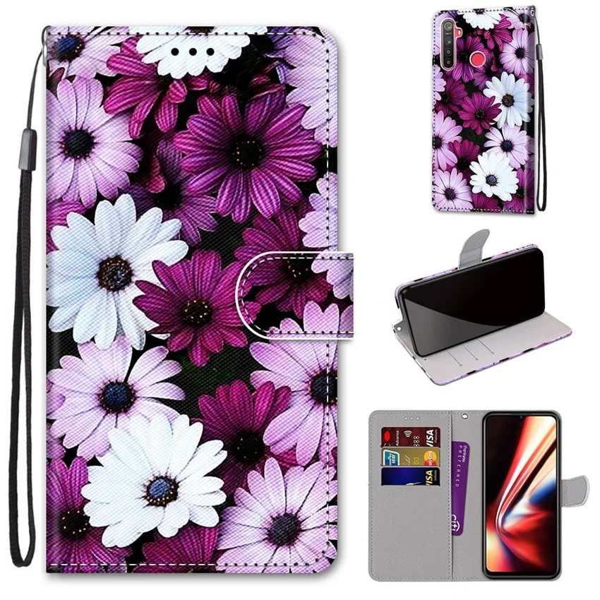leather flip phone case for realme 5 5s 5i c3 c3i 6i flower cute cat painted wallet card holder stand book cover butterfly capa free global shipping