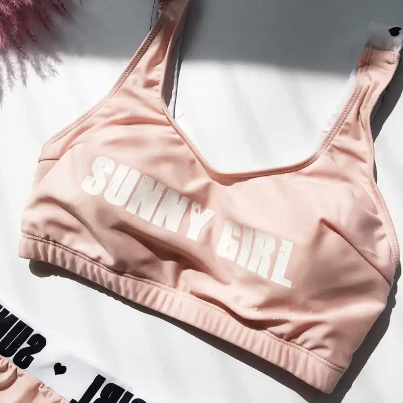 

Swimwear Women 3 Piece Swimsuit Letter Print Solid Black Pink Long Sleeve Mesh Sport Bikini Set Vintage Bathing Suit Bikini