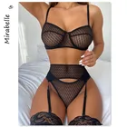 MIRABELLE сексуальное эротическое нижнее белье сетка Прозрачное нижнее белье короткие комплекты чувственный кружевной бюстгальтер и трусики подвязки 3 шт. черные подвязки для дам