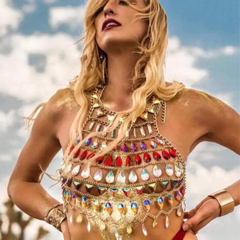 

Bling Gems Body Chain Women Halter Hollow Out Patchwork Metal Colorful Rhinestone Crop Top Body Chain Chic Clubwear Body Chain