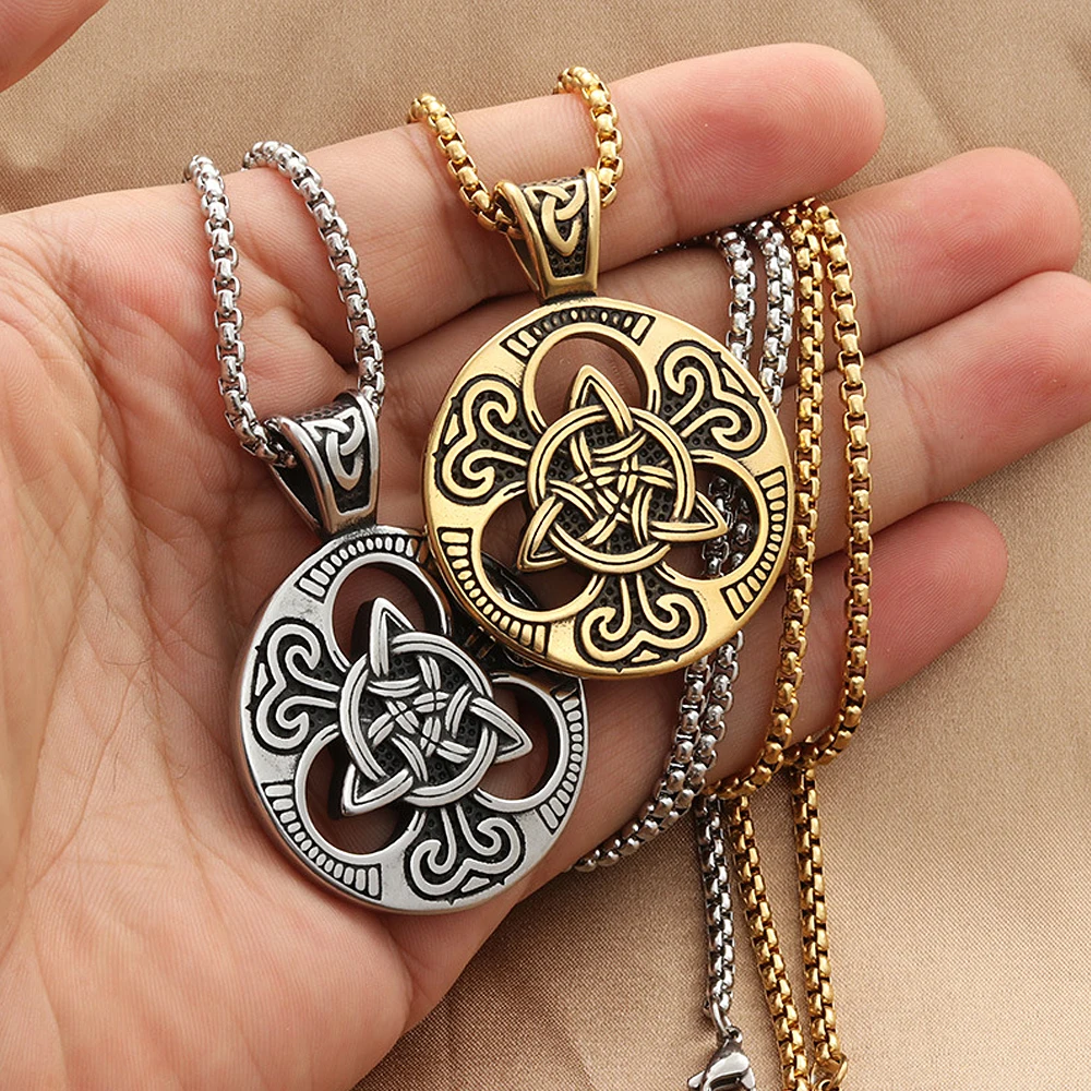 

Vintage Stainless Steel Viking Odin Trinity Necklace Pendant Mens Punk Irish Concentric Knot Celtics Knot Necklace Jewelry Gift