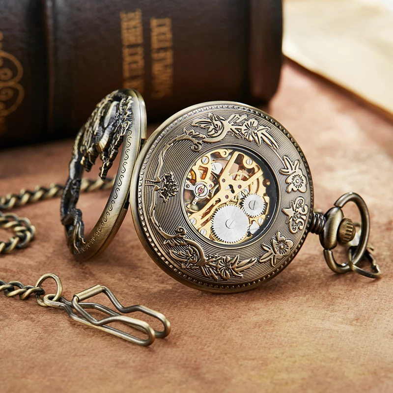 Lucky Dragon Hollow Mechanical Pocket Watch Antique Steampunk Skeleton Dial Bronze Fob Chain Clock for Men Women Dropshipping